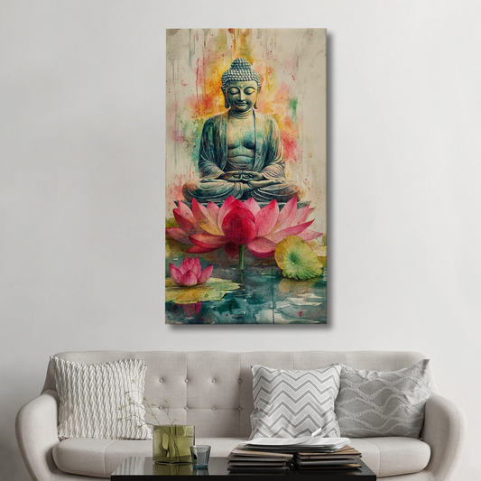 Watercolor Buddha on Lotus Canvas Wall Art – Spiritual Serenity with Artistic Charm