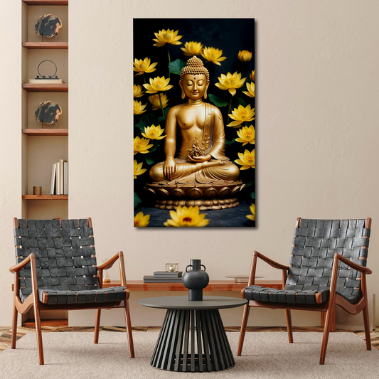 Golden Buddha with Lotus Flowers – Luxurious Canvas Wall Art for Spiritual Decor