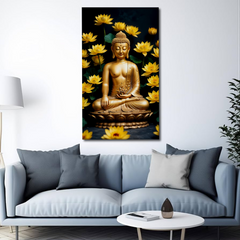 Golden Buddha with Lotus Flowers – Luxurious Canvas Wall Art for Spiritual Decor