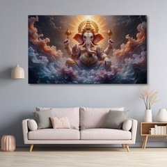 Celestial Ganesha in Divine Clouds Canvas Wall Art – Blessings from the Heavens
