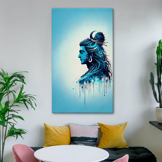 Abstract Shiva Profile Canvas Wall Art – Blue Aura Modern Spiritual Decor