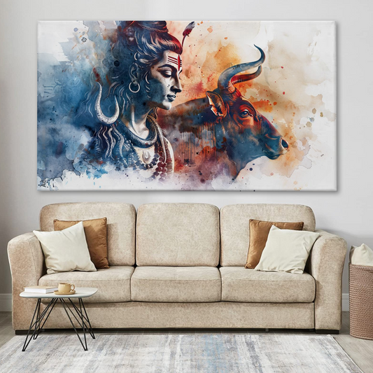 Shiva & Nandi Abstract Canvas Wall Art – Spiritual Bond in Watercolor Style