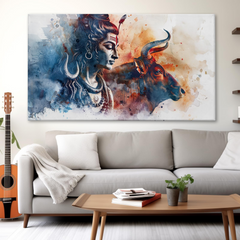 Shiva & Nandi Abstract Canvas Wall Art – Spiritual Bond in Watercolor Style