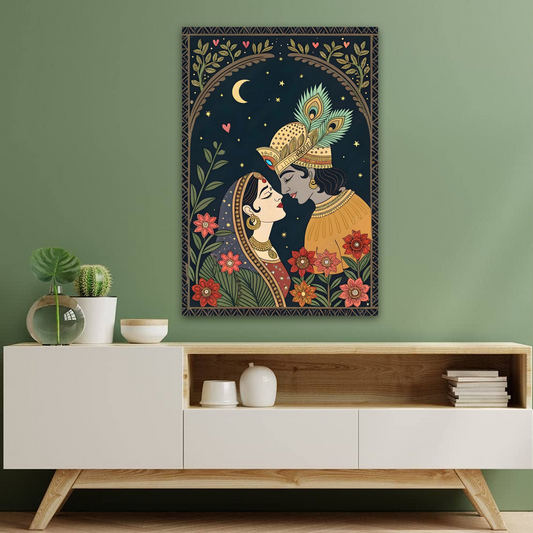 Radha Krishna Folk Art Canvas Wall Art Prints – Traditional Home Décor